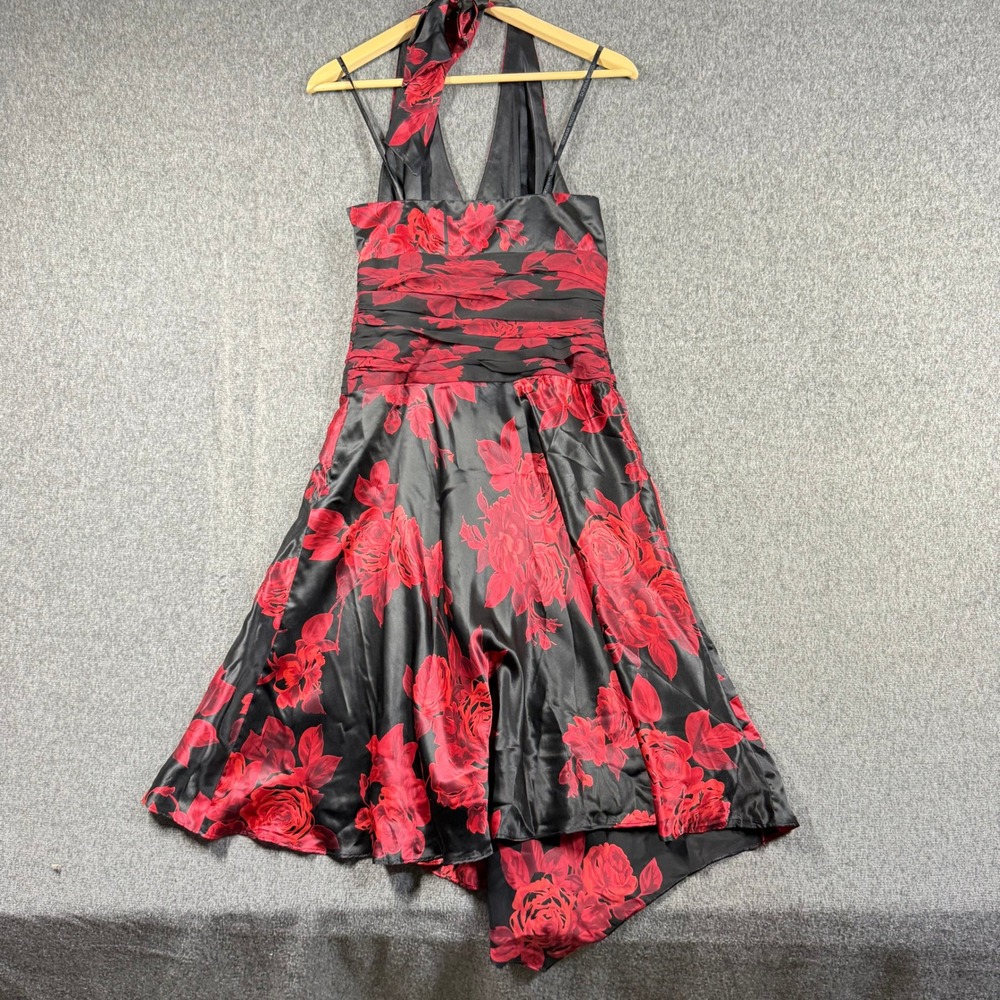 Y2K Donna Ricco Silk Halter Dress Black Red Floral Rose Handkerchief Hem SZ 4 - Picture 10 of 13